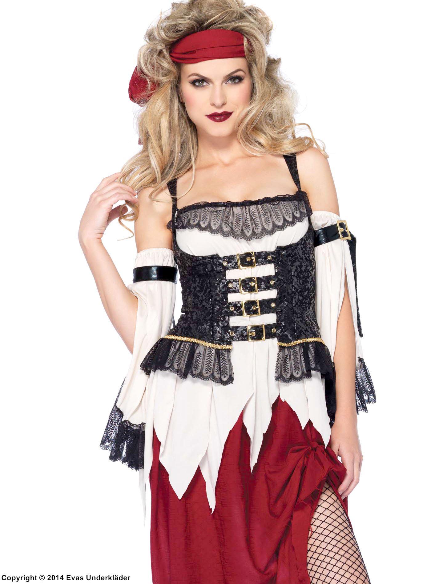 Kvinnlig pirat, maskeradklänning med Venedig-spets, revor och spänne